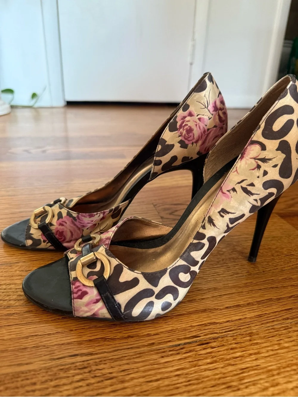 Carlos Santana Leopard Print Open-Toe Pumps with Pink Rose Accent